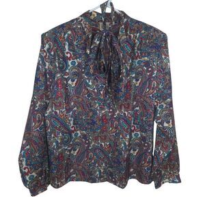 Vintage 80s Pykettes Paisley Secretary Blouse Bow Womens Size 14 Multi